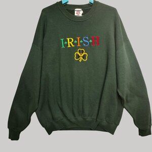 Vintage Jerzees Irish Shamrock Sweatshirt 2X Green Cotton/Poly Crewneck Made In